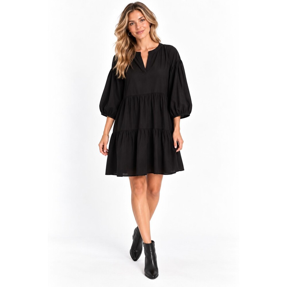 Evereve Sundry The Everywhere Dress Black Size Small V-Neck Tiered Boxy Relaxed
